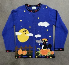 Vintage Quacker Factory Halloween Pumpkin Cat Bat Knit Cardigan Size M picture