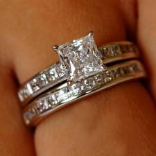 2.20 ctw Princess Moissanite Bridal Set Matching Band Ring 14K White Gold Plated picture