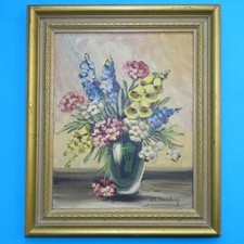 Original Floral Still Life Oil Painting Signed Janet Greenleaf C1940s 12.5x10.5 picture