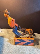 Vintage Hand-Carved Wooden Mechanical Toy - Folk Art Dog Biting Man Automaton picture