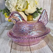 Vintage Indiana Glass Hen on Nest 7' Pink Carnival Glass Iridescent Candy Dish picture