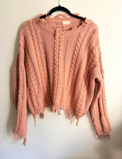 Altar'd State Dusty Pink Chunky Cable Knit Sweater with Fringe Hem - Size Large picture