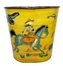 Vtg 1950s Harvell Cowboy Cowgirl Metal Trash Can Western Waste Basket Hopalong picture