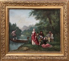 Original Antique Oil painting 19th Century Elegant Figures by the River, Signed picture