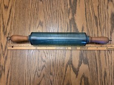 Rare Depression Era Peacock GEM Blue Glass Rolling Pin with Wooden Handles picture