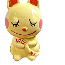 Vintage Rune Naito Style Yellow Cat Ceramic Coin Bank Love Me Kawaii Kitsch Japa picture