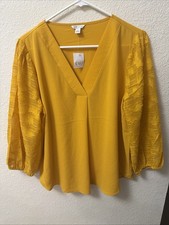 CATO Women’s Floral Mustard Yellow deep V-neck top NWT Size L picture