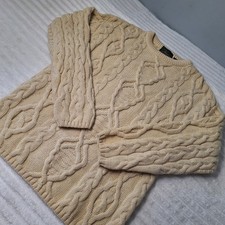 Vtg 90's Doogan Donegal Irish Pure New Wool Cable Knit Sweater Mens L Beige Fish picture