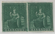 BARBADOS 1852 BRITANNIA IMPERF PAIR FIRST STAMP MINT ORIGINAL GUM HINGED SC. #1 picture