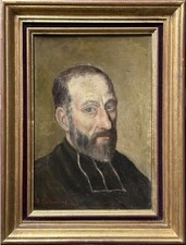Antique Noble Priest Man Portrait, Original Oil Painting, 1917 Signed, Framed picture