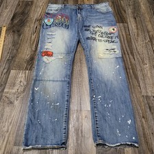 Men’s Akoo distressed jeans Embroidered Hip Hop Brotherhood size 36  picture