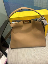 Fendi Roma Beige Medium Top Handle Satchel Turn Lock Gold Hardware Scarf picture