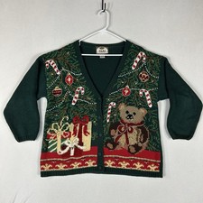 Vintage Tiara International Ugly Christmas Cardigan Sweater Women's Large Green picture