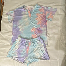 Ekouaer Womens M Tie Dye Pajama Set Short Sleeve Henley Top Shorts Loungewear picture