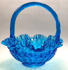 Fenton Colonial Blue Thumbprint Basket Ruffled Rim 8 1/2