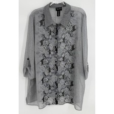 Maggie Barnes Women Sz 3X 26/28W Floral Honeycomb Sheer Roll Tab Blouse picture