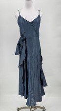 Sundance Living Blue Satin Ruffle Spaghetti Strap Midi Dress Sz S picture