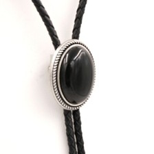 Hand Made Natural Black Onyx Stone Western Cowboy Leather Bolo Neck Tie picture