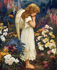 Winged Figure in a White Dress Praying Among Garden Flowers Print - 874493445 picture