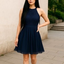 Lulus Lover's Game Navy Blue Lace Halter Neck Skater Dress Women’s Size Medium picture