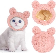 Adorable Pink Plush Bear Hat for Small Pets – Adjustable Winter Headwear picture