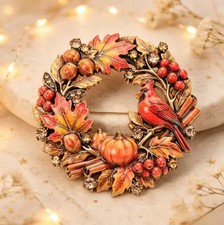 Vintage Christmas Wreath Brooch Pumpkin Red Rhinestone Cardinal Fall Pin Jewelry picture
