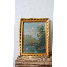 Vintage French Oil Painting Signed River Landscape Swans Stone Bridge Fisherman picture
