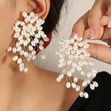 Vintage Imitation Pearl Flower Earrings for Women Handmade Beaded Tassel Jewelry picture