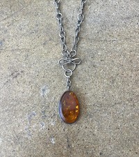 Vtg Silver Chain Necklace with Amber Stone Pendant - L: 19 inches - 36.90 grams picture