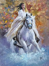 YARY DLUHOS Equestrian Woman Rider Horse Female Figure Original Art Oil Painting picture