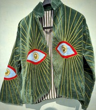Vintage Green Velvet Jacket Embroidered Evil Eye Sunburst Boho Festival Coat picture
