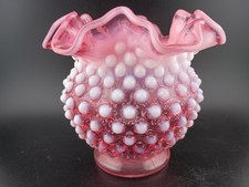 Fenton Cranberry Opalescent Hobnail Vase Crimped Ruffles 4.5” Vintage Art Glass picture