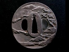 Japan Antique Tsuba Japanese Sword Edo Period Iron Landscape Katana Guard Choshu picture