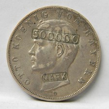 Germany 1912D silver 3 Mark / 500000 Mark overstrike 1920s Hyper-Inflation money picture