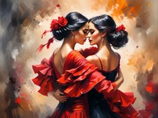 Two Women in Love Colorful Embrace Flamenco Dancers Abstract Poster Art Print picture