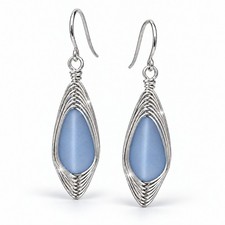 Blue Teardrop Earrings Frosted Sea Glass Silver Wire Braided Ladies picture