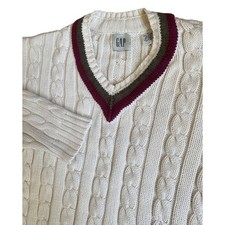 Vintage Gap Mens Cable Knit Sweater Cream White V-Neck Varsity Preppy Cotton M picture