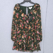 Trixxi Floral Long Sleeve Floral V Neck Ruffle Green Dress Womens Size L NWT picture