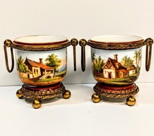 Pair Antique Porcelain Cachepots Ormolu Mounts Hand-Painted Pastoral VG Cond picture