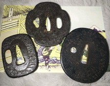 【Set of 3‼】TSUBA Samurai Swordguard Japanese KatanaBlade antique Art edo picture