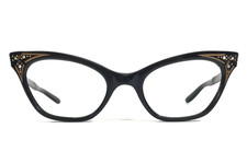 Vintage INDO Eyeglasses Frames Shiny Black Gold Corner Rhinestones 48-22-138 picture