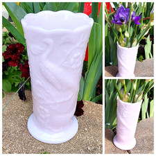 Vintage Fenton Pink Milk Glass Peacock Garden Vase 7.75