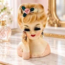 Vintage Inarco E480 Lady Head Vase Planter 3.5” Pearl Earrings Pink Rose MCM picture