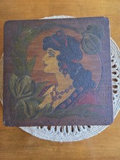 Antique Art Nouveau Beautiful Lady Flemish Art Wood Pyrography Collar Box picture