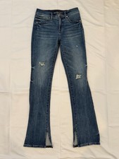 Express Skyscraper Mid Rise Distressed Flare Jeans Size 4R Split Hem picture