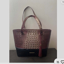 Brahmin Medium Misha Tote Crocodile Embossed Burgundy Black Tassel Gold picture