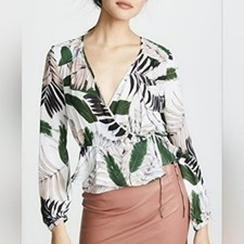 Milly Kia Silk Blouse Size 10 New Green White Pink 100% Wrap Peplum Floral Top picture