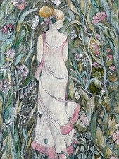 2x4 Vintage Rare Botanical Art Nouveau  Lady Hand-Woven Tapestry 71cm × 127 cm picture