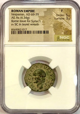 69-79 AD Vespasian Left Face Ancient Roman 22mm Bronze AE As Rome Issue NGC Fine picture