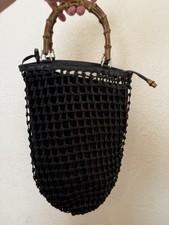 Rare Vintage GUCCI Bamboo Drawstring Basket Bag Leather Black Authentic picture
